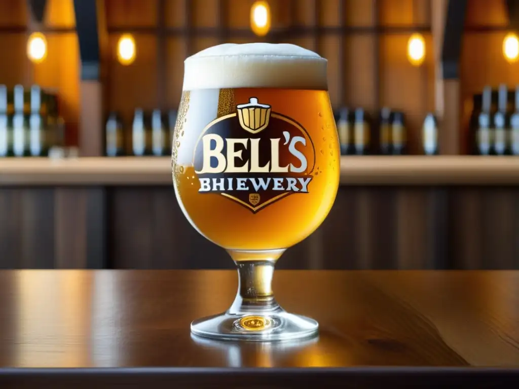 Imagen detallada de una cerveza Bell's Brewery en un vaso, con branding, condensación y textura