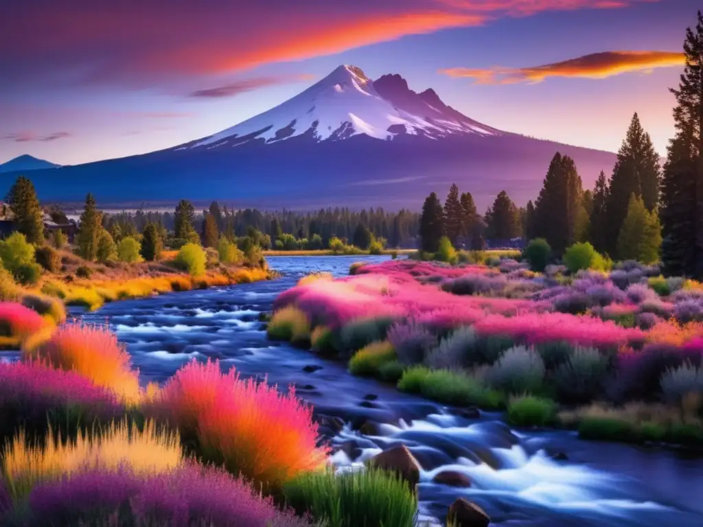 Paisaje pintoresco de Bend, Oregon, hogar de Deschutes Brewery, con montañas Cascade nevadas y un río sereno reflejando el atardecer