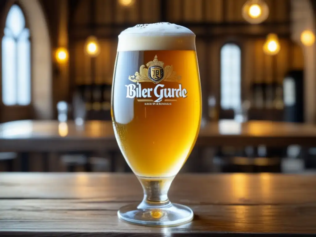 Imagen detallada de una cerveza Bière de Garde dorada en un vaso de cristal sobre una mesa de madera rústica