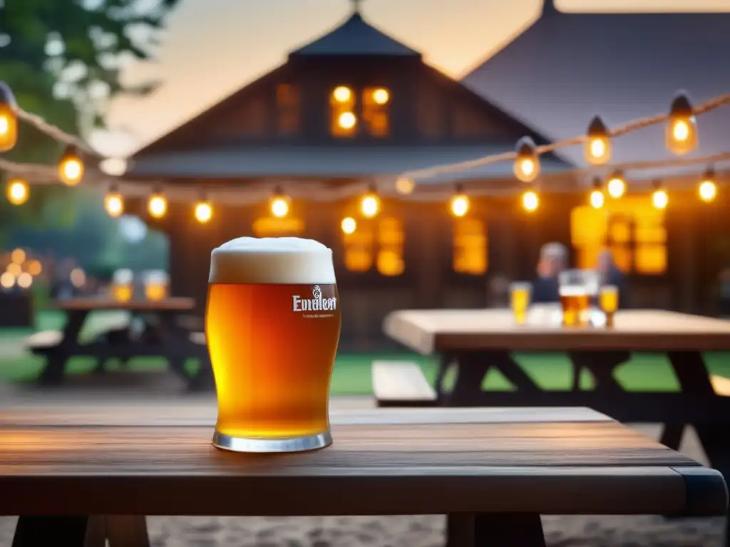 Imagen cautivadora de un jardín de cerveza alemán tradicional al atardecer con cerveza Einbecker MaiUrBock de color ámbar y detalles refrescantes