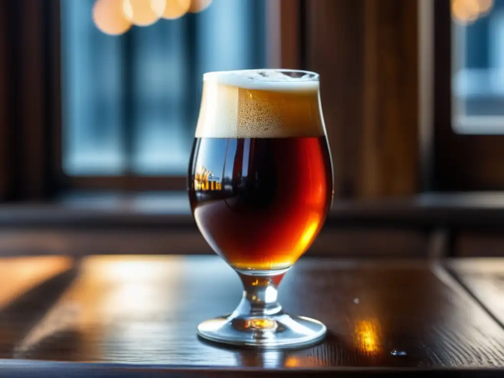 Una cerveza Barleywine Bigfoot de Sierra Nevada, con color ámbar profundo y burbujas visibles en un vaso de cristal sobre una mesa de madera rústica