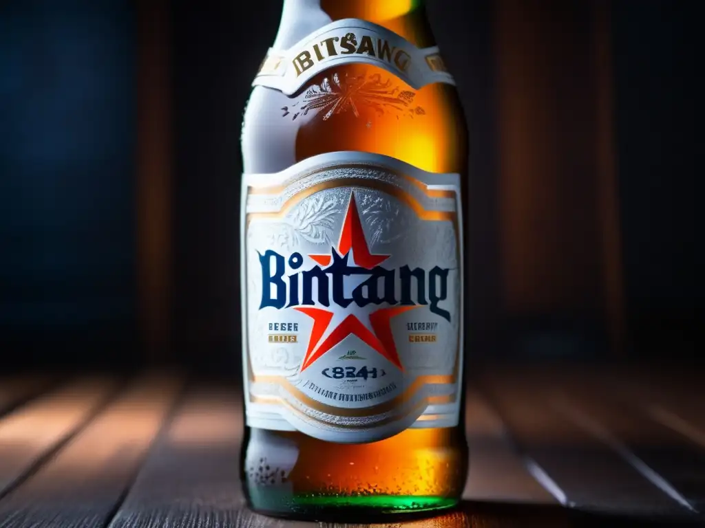 Botella de cerveza Bintang con hielo y condensación, destacando logo y detalles (110 caracteres)