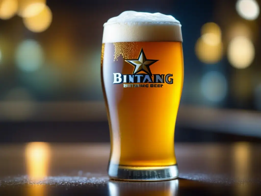 Cerveza Bintang: espuma dorada, burbujas delicadas, vidrio elegante