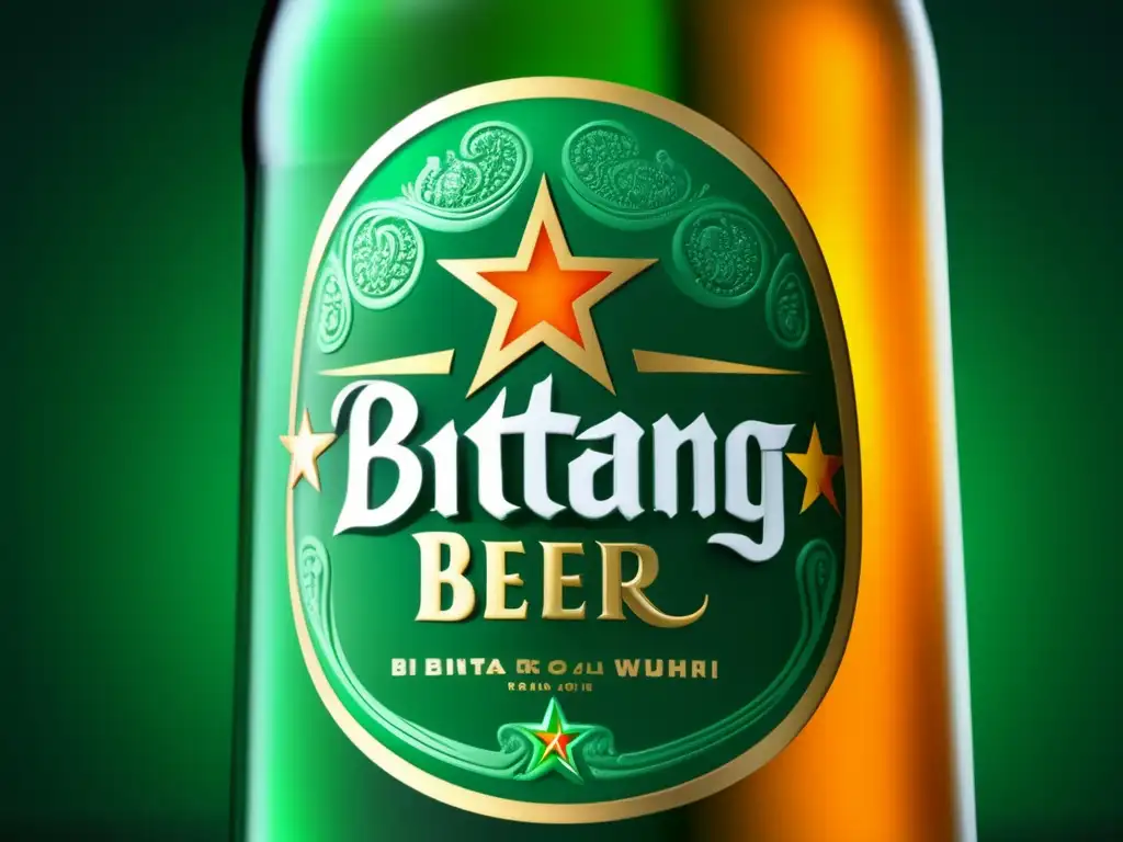 Detalle impresionante de botella de cerveza Bintang: texturas, logo nítido, burbujas y contraste dorado en vidrio verde