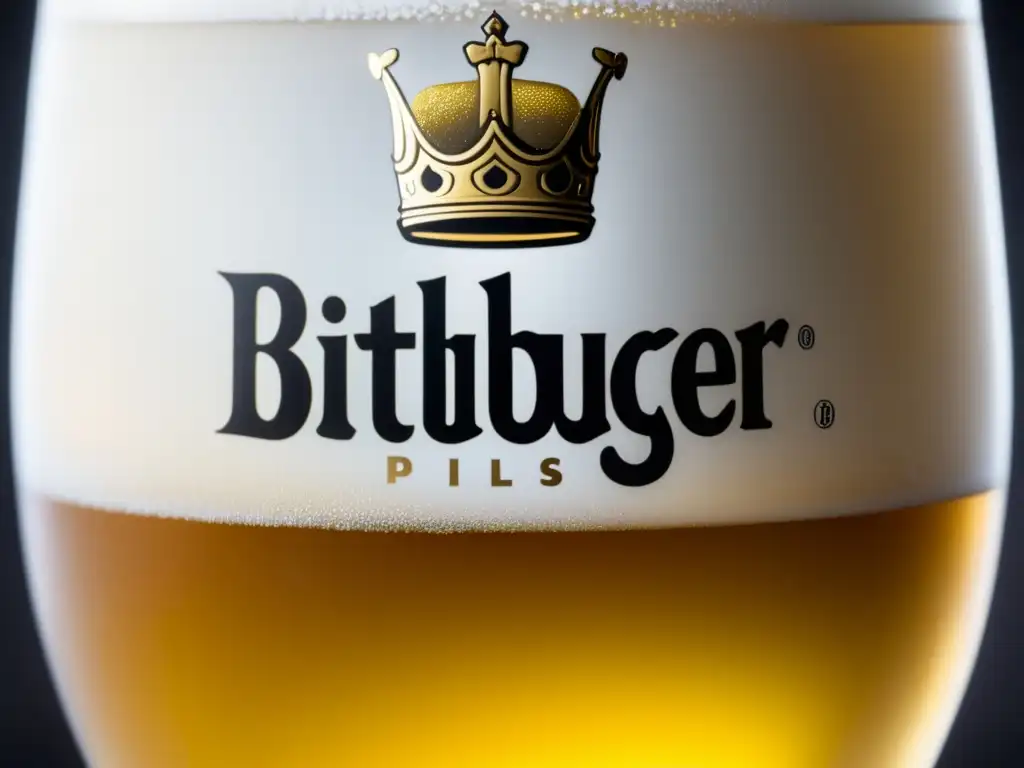 Cerveza Bitburger Premium Pils: cerveza dorada con burbujas y espuma blanca, logo elegante grabado en vaso matte