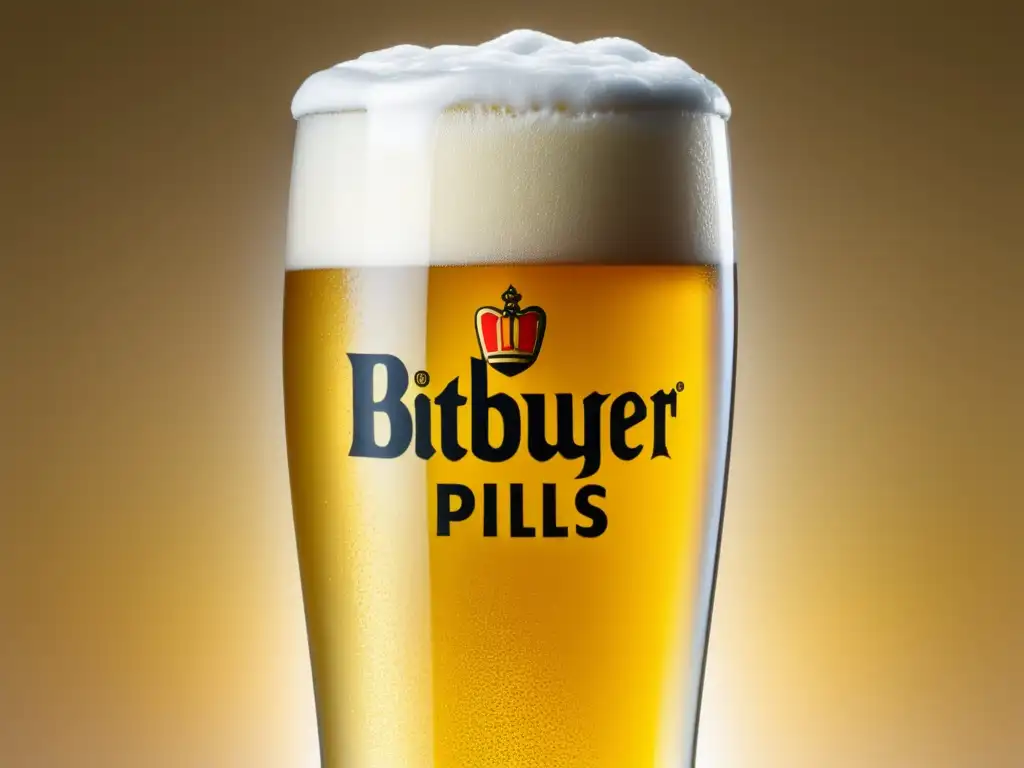 Cerveza Bitburger Premium Pils en vaso Pilsner con espuma, burbujas y lúpulos verdes