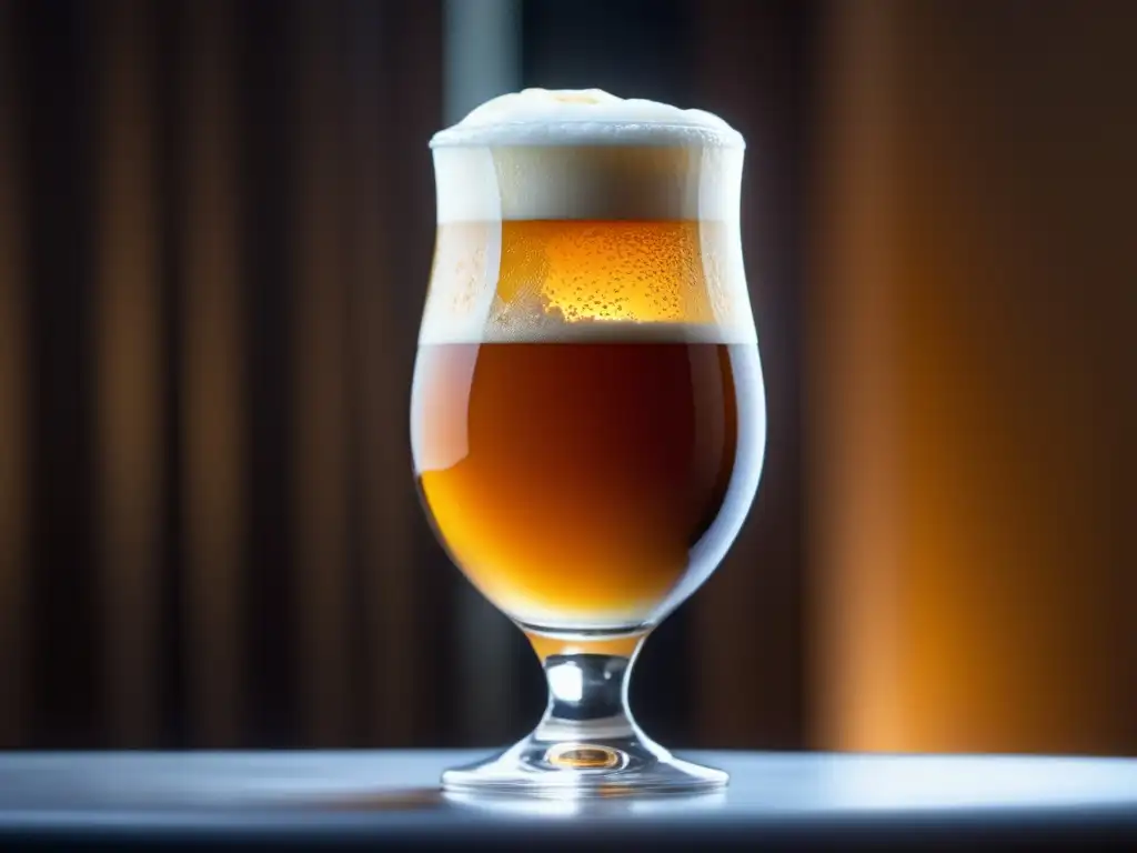 Bock cerveza ámbar, elegante, con espuma cremosa y detalles del vaso, resalta su color y textura