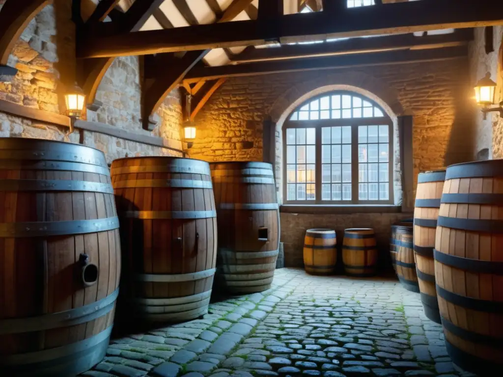 Lambic: Detalle encantador de una cervecería tradicional en Bruselas, con barriles de madera y patio adoquinado