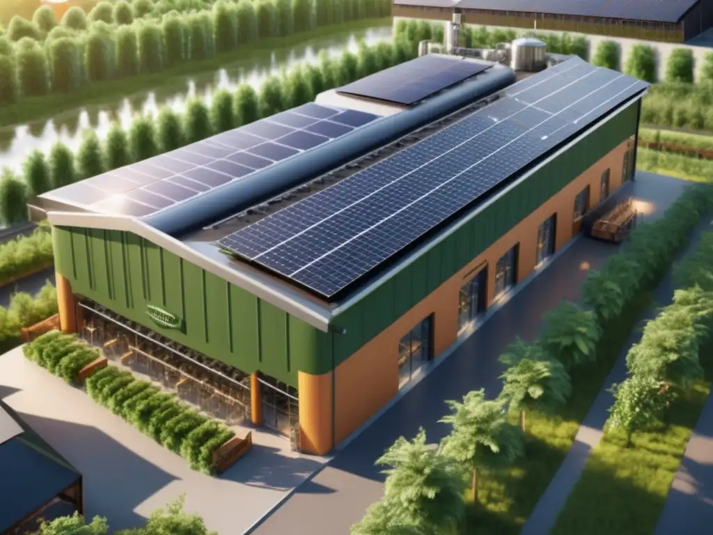 Brewery solar con energía renovable: cervecería iluminada por el sol, rodeada de vegetación, con paneles solares en el techo