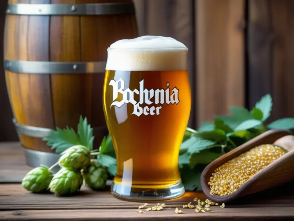 Cerveza Bohemia con influencia europea y sabores mexicanos, en mesa rústica rodeada de ingredientes