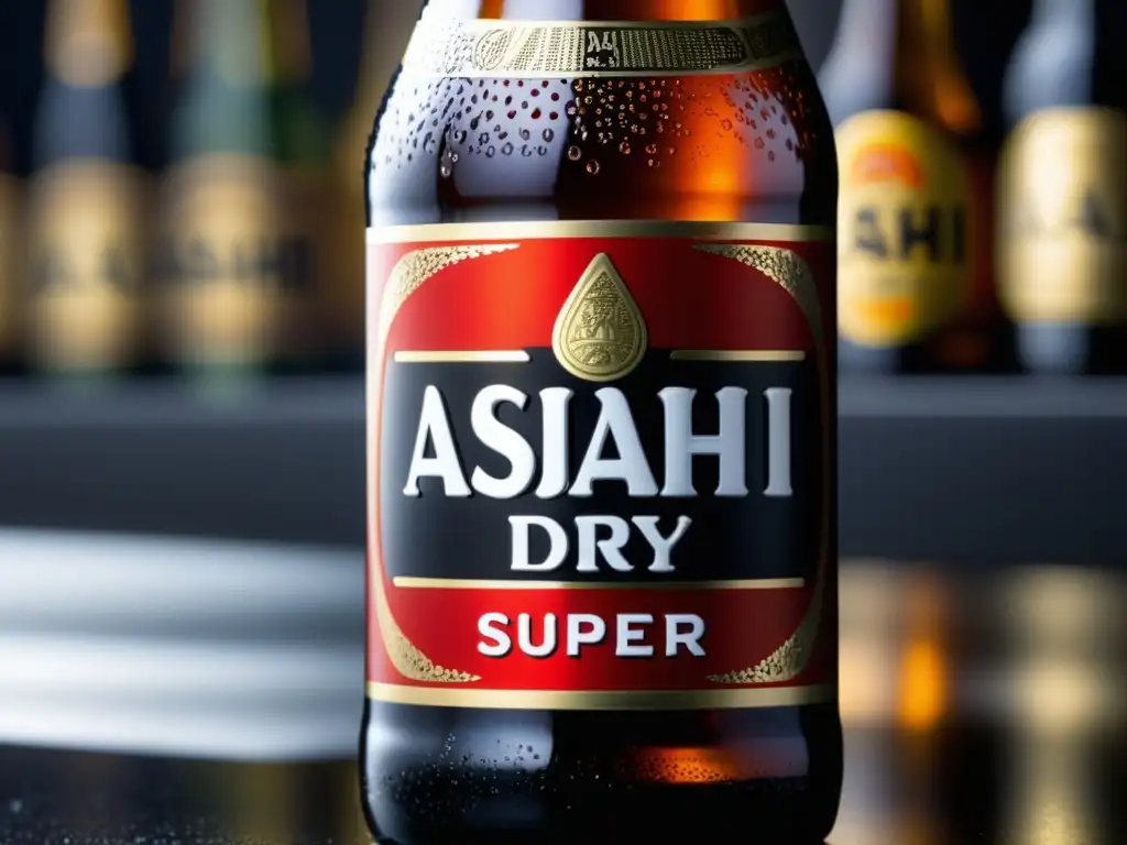 Botella de cerveza Asahi Super Dry con condensación y logo rojo y negro