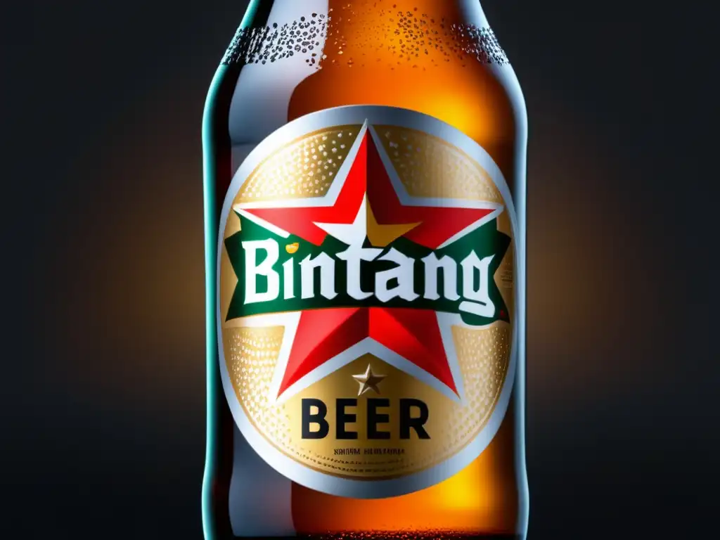 Botella de cerveza Bintang dorada con estrella roja en etiqueta, condensación y fondo oscuro