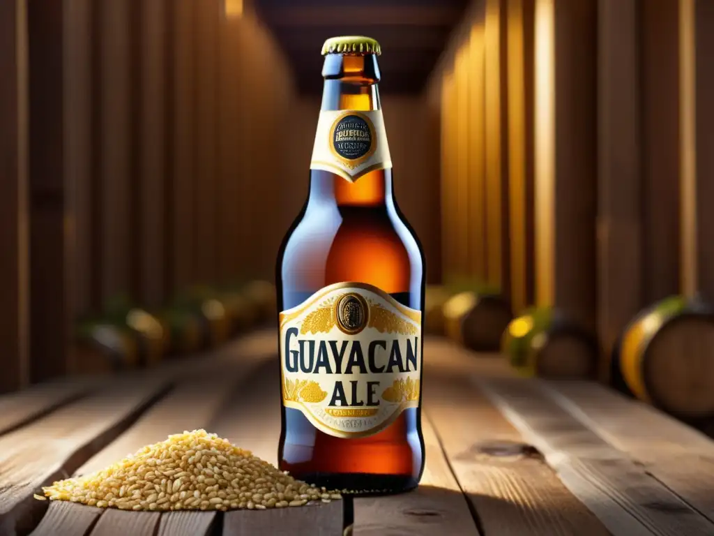 Botella de cerveza Guayacán Golden Ale con diseño de etiqueta detallado y tonos dorados