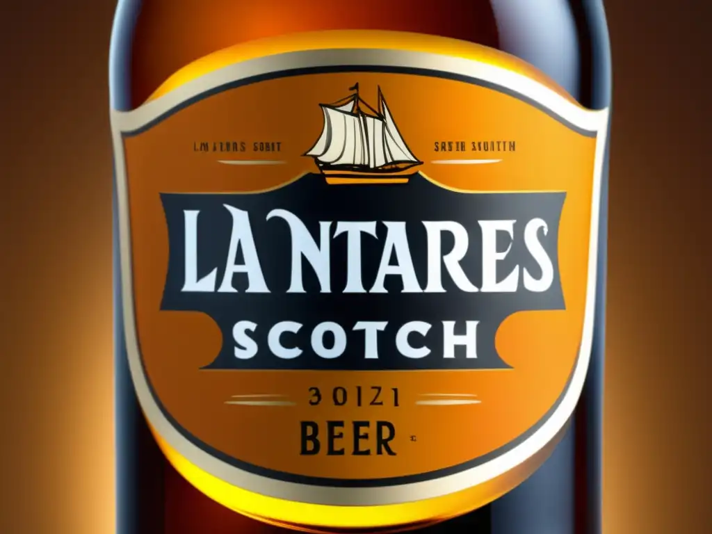 Botella de cerveza La Antares Scotch Red Ale, color ámbar intenso y diseño de etiqueta intrincado