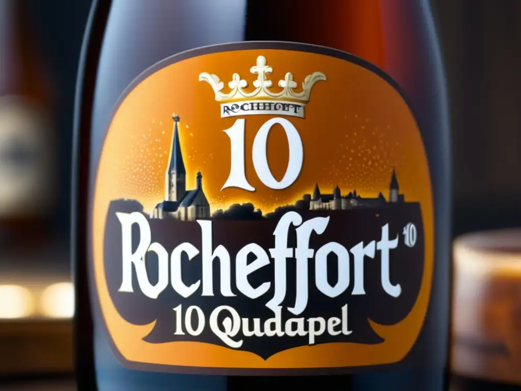 Cerveza Rochefort 10 Quadrupel: botella con color caramelo, espuma cremosa, logo y nombre elegantes, fresca y sofisticada