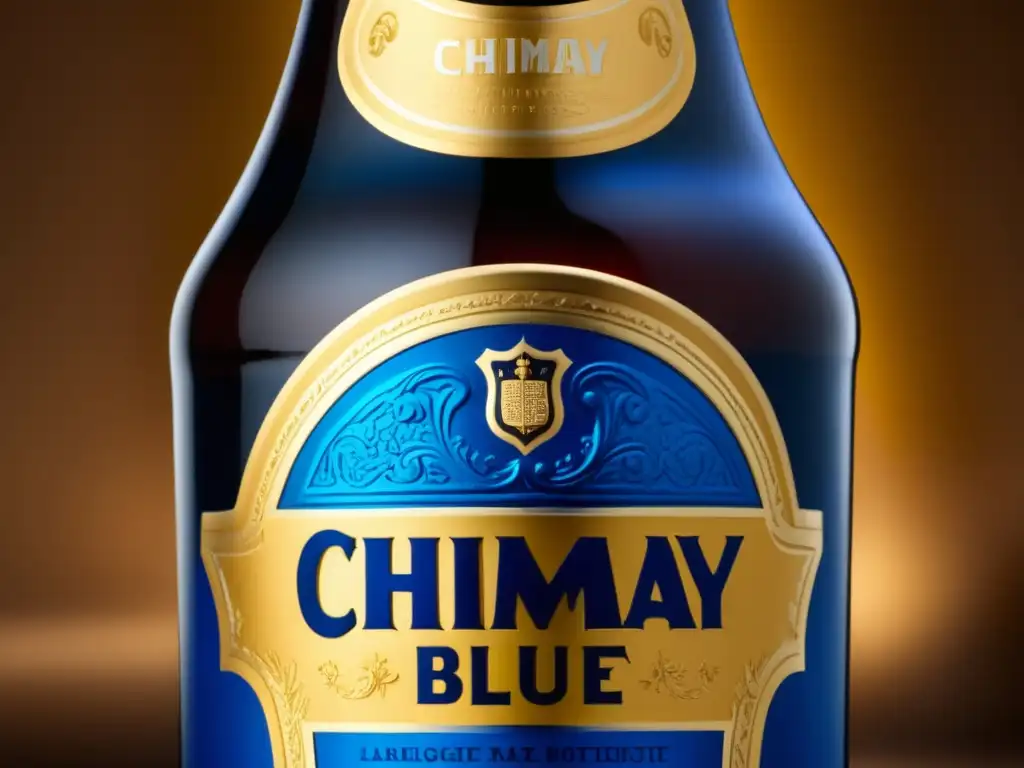 Chimay Blue Cap: Detalles y artesanía en una botella de Chimay Blue Cap, resaltando su forma única y superficie texturizada