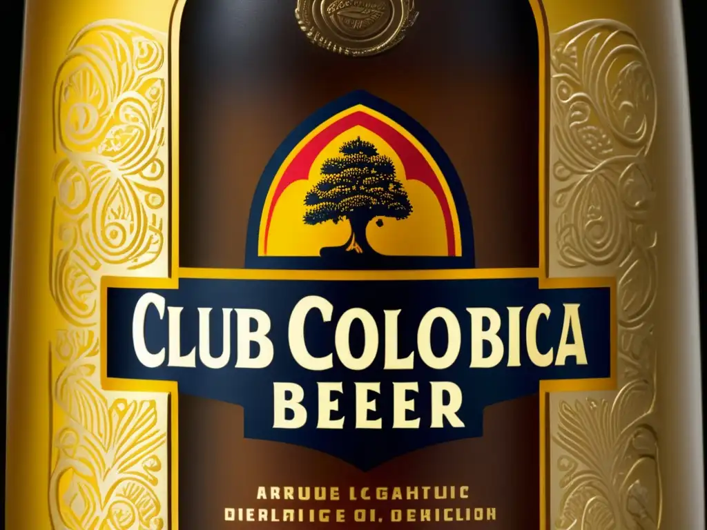 Botella de cerveza Club Colombia: diseño elegante, color ámbar y detalles delicados