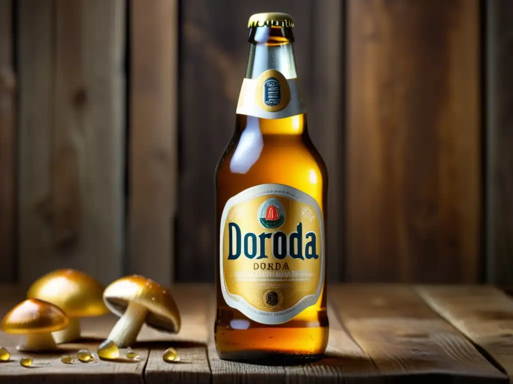 Botella de cerveza Ale Dorada sobre mesa de madera, rodeada de setas frescas