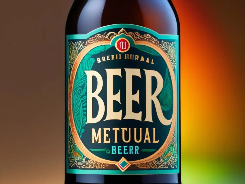 Detalles y etiqueta de una botella de cerveza artesanal con diseño meticuloso y texturas, resaltando la importancia de las regulaciones y leyes