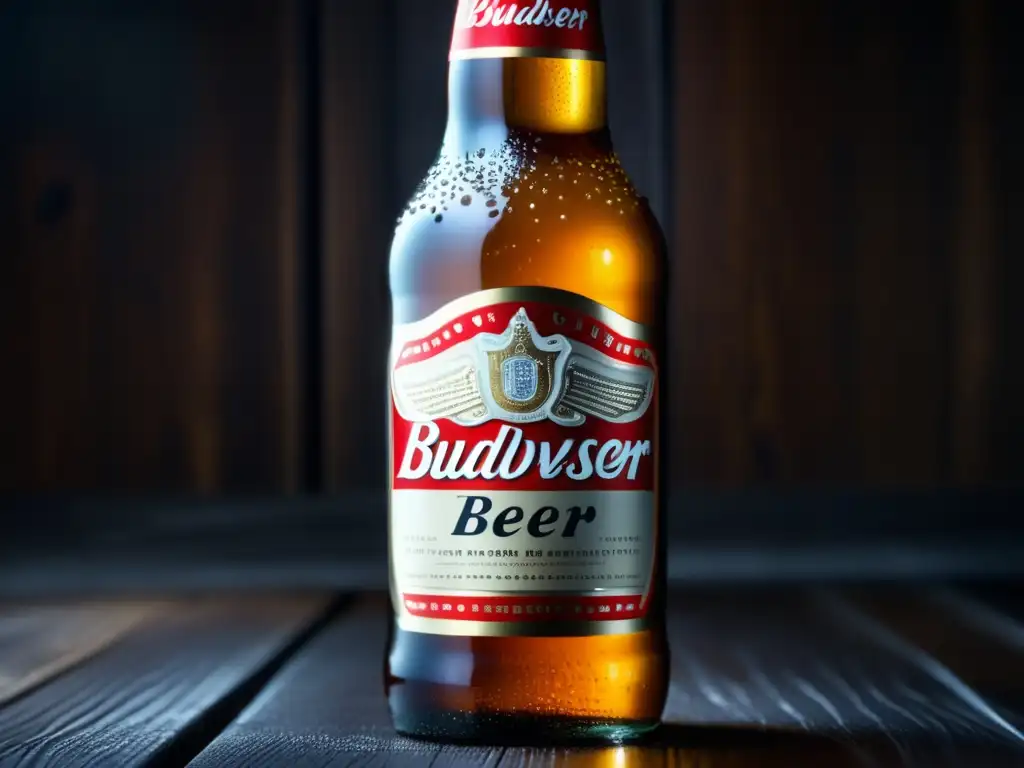 Botella de cerveza Budweiser con condensación en superficie de madera oscura