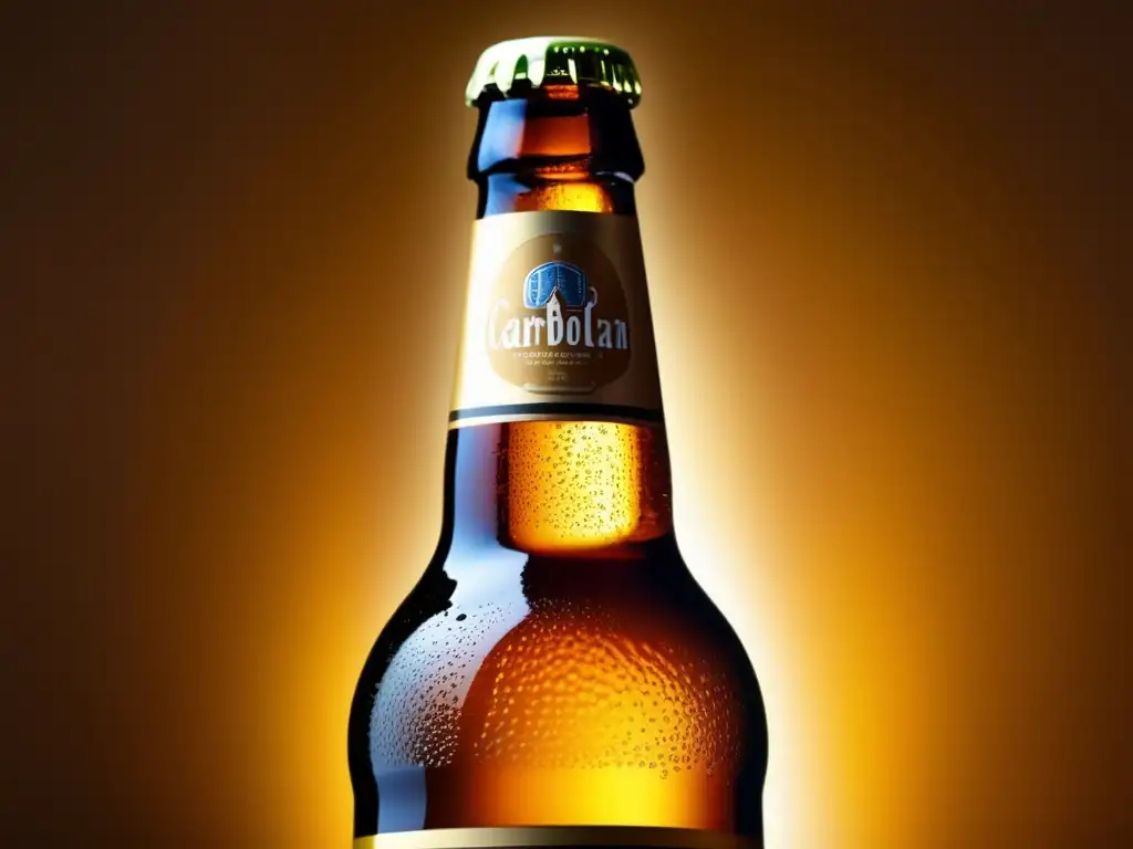 Detalle de una botella de cerveza carbonatada con burbujas, aspecto elegante y tono dorado