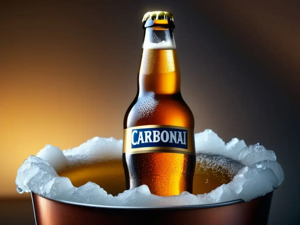 Botella de cerveza carbonatada en hielo, resaltando la importancia de la temperatura en la carbonatación