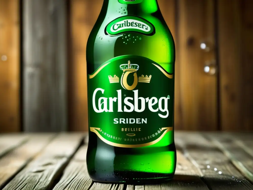 Botella de cerveza Carlsberg en superficie de madera, con condensación y etiqueta icónica