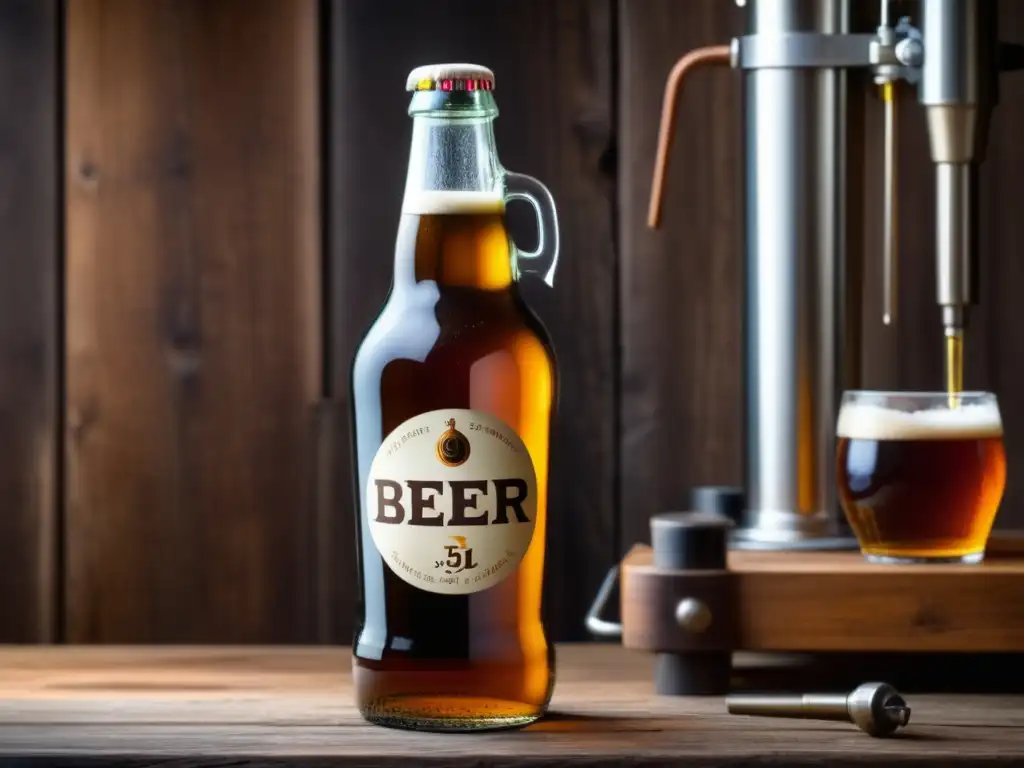 Botella de cerveza casera en mesa de madera rústica, rodeada de equipo de homebrewing básico