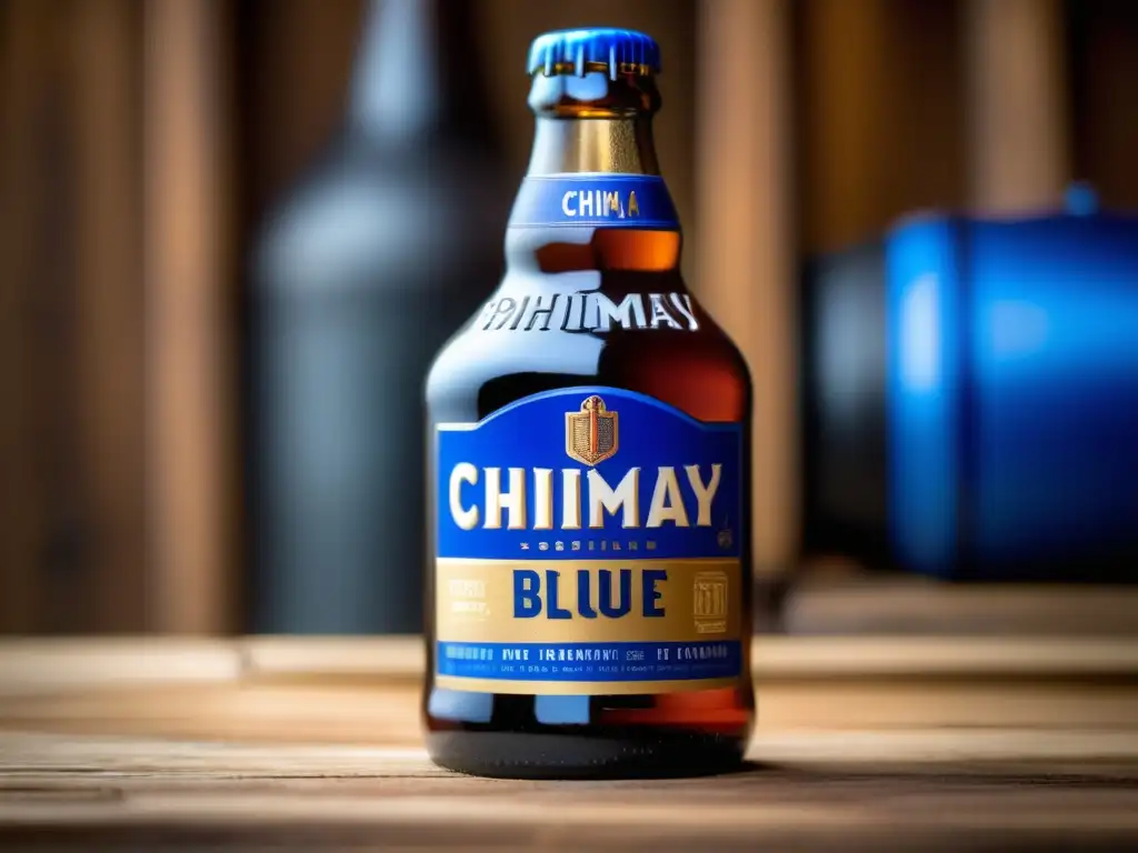 Botella de Chimay Blue Cap en mesa de madera, con logo icónico y colores vibrantes