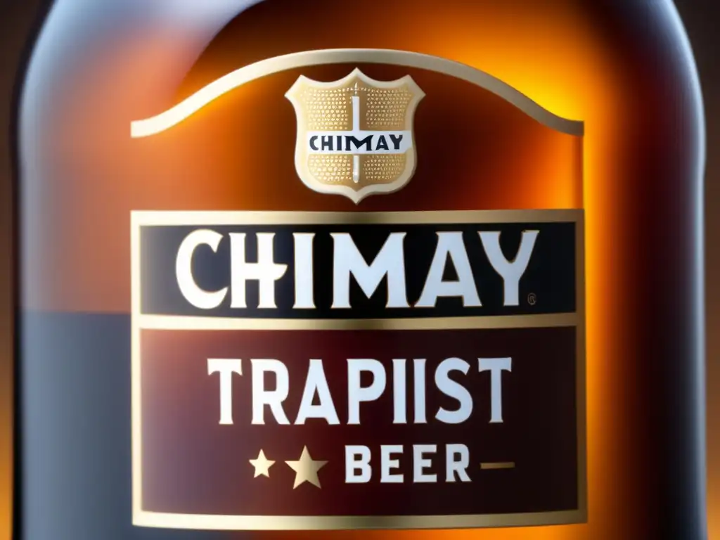 Cerveza Chimay Trappist, botella con condensación y gotas de agua, elegante y profesional