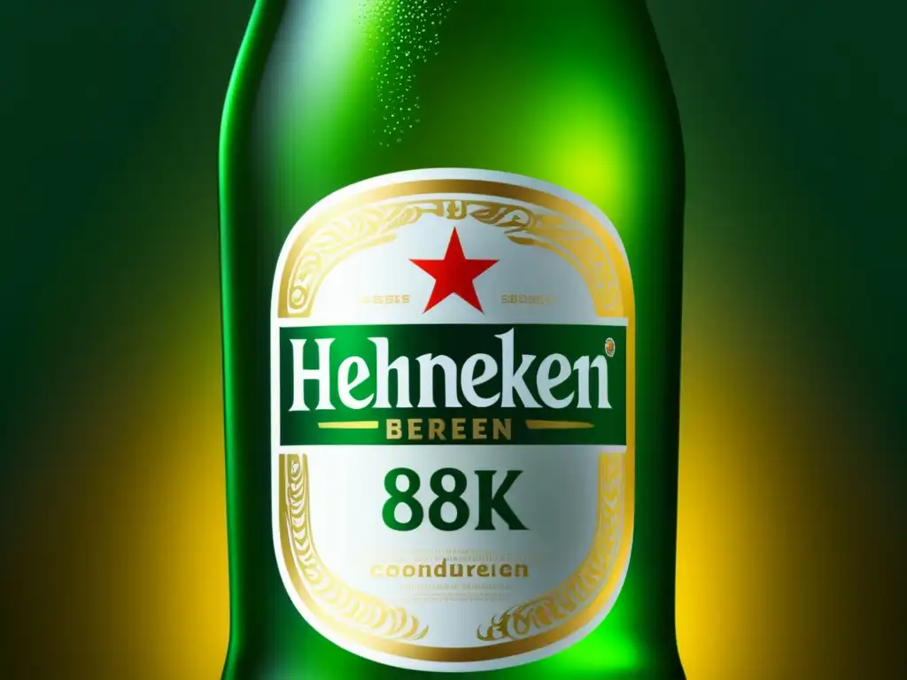 Ultra resolución 8k de botella Heineken dorada con espuma, diseño detallado, sostenibilidad