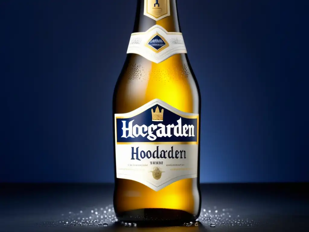 Imagen de una botella de cerveza Hoegaarden Witbier refrescante con detalles ultradetallados