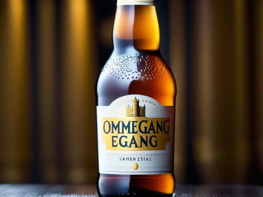 Botella de cerveza Ommegang: elegante, mate, con detalles dorados y gotas de condensación, reflejando luz y la esencia cervecera