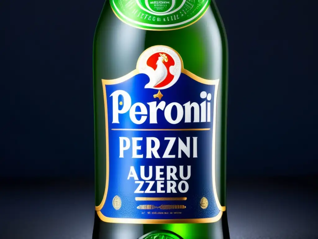 Botella helada de cerveza Peroni Nastro Azzurro, elegante y sofisticada con etiqueta azul y acabado mate