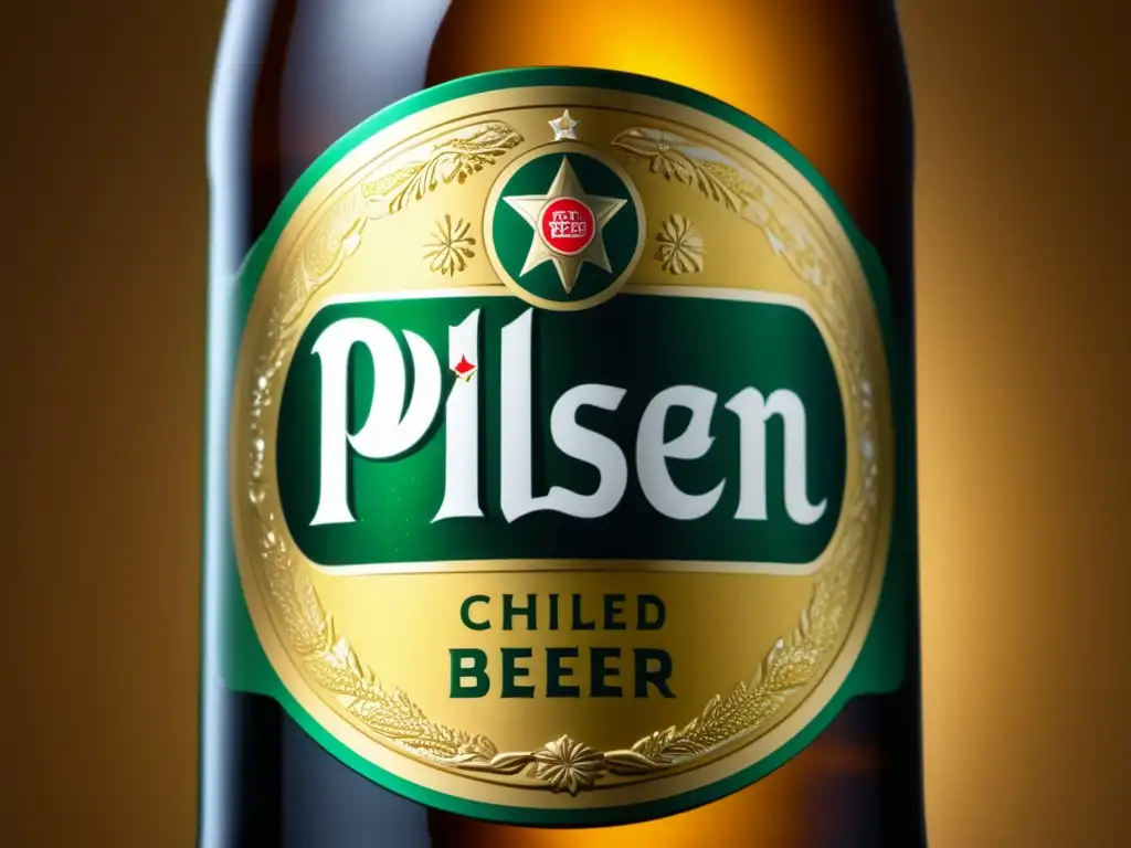 Botella de cerveza Pilsen fría con detalles grabados y condensación, resaltando su elegancia y refrescante sabor