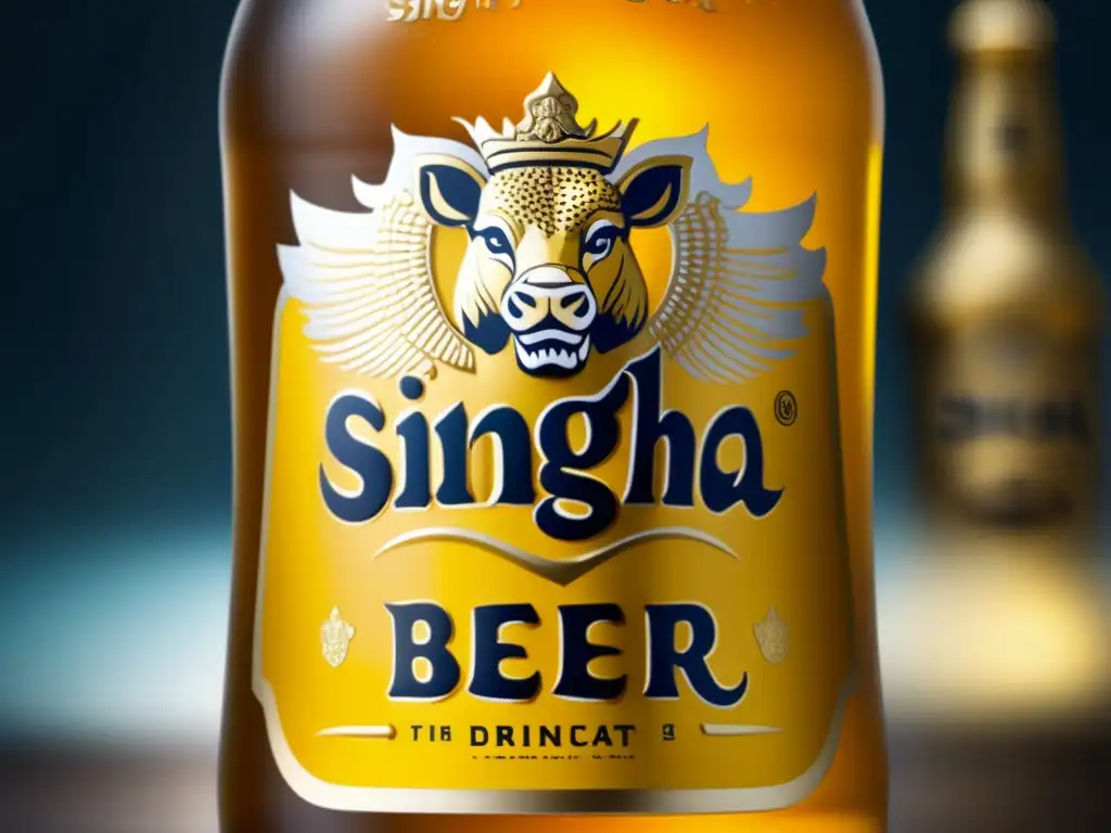 Botella de cerveza Singha con etiqueta diseñada de forma distintiva, resaltando el color dorado y el logo emblemático