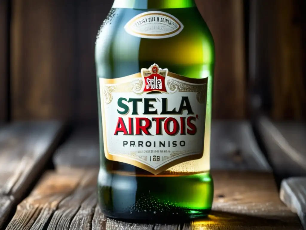 Botella fría de cerveza Stella Artois en mesa de madera rústica