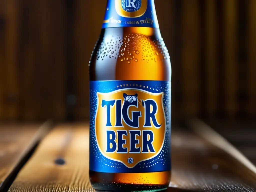 Cerveza Tiger Beer: botella con condensación, diseño elegante y refrescante