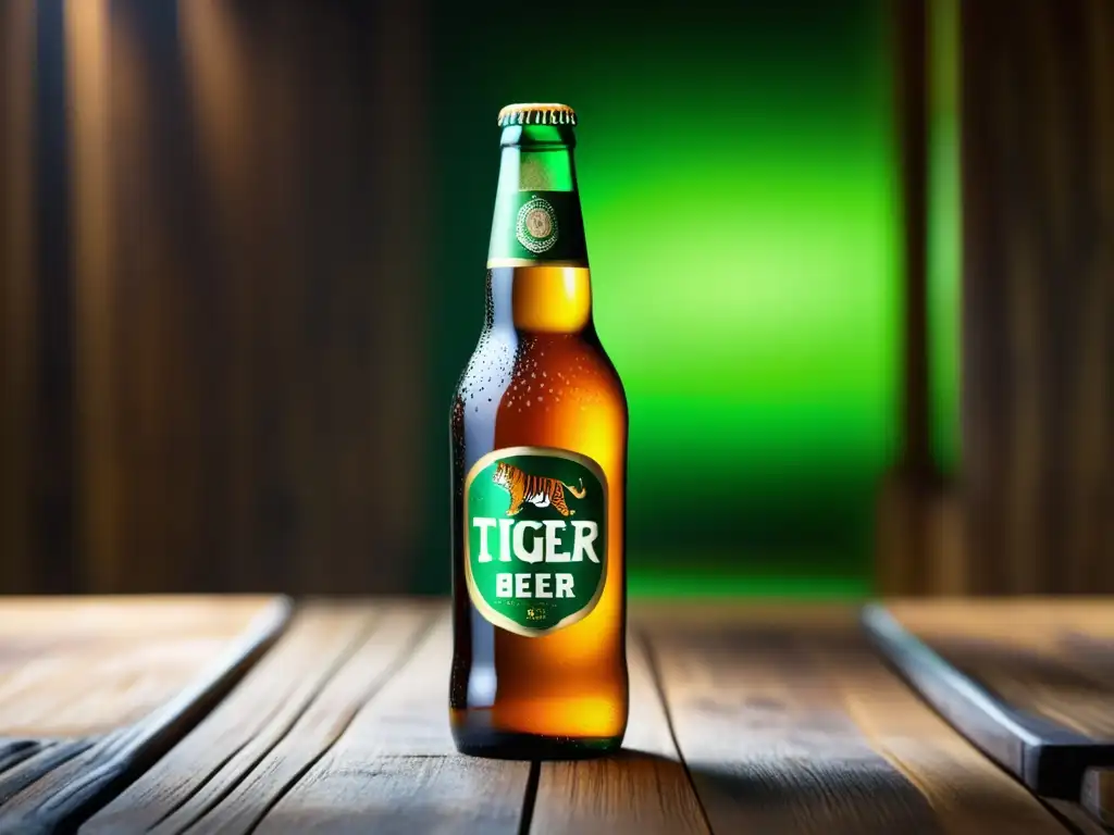 Botella fría de Tiger Beer en mesa de madera