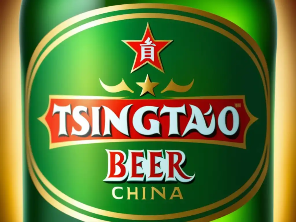 Tsingtao: Detalle elegante de una botella de cerveza, resaltando diseños chinos tradicionales y símbolos culturales emblemáticos