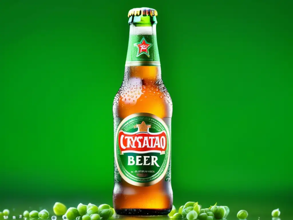 Cerveza Tsingtao, botella cristalina con gotas de condensación y lúpulo verde vibrante