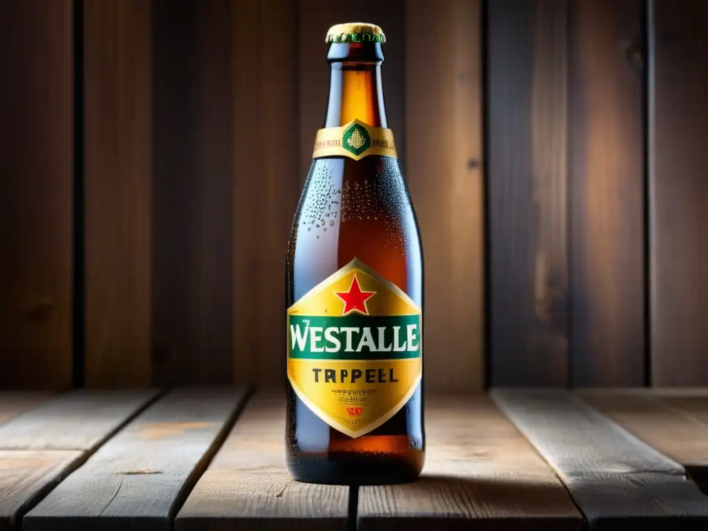 Botella de cerveza Westmalle Tripel detallada en mesa de madera rústica, con etiqueta nítida y condensación brillante