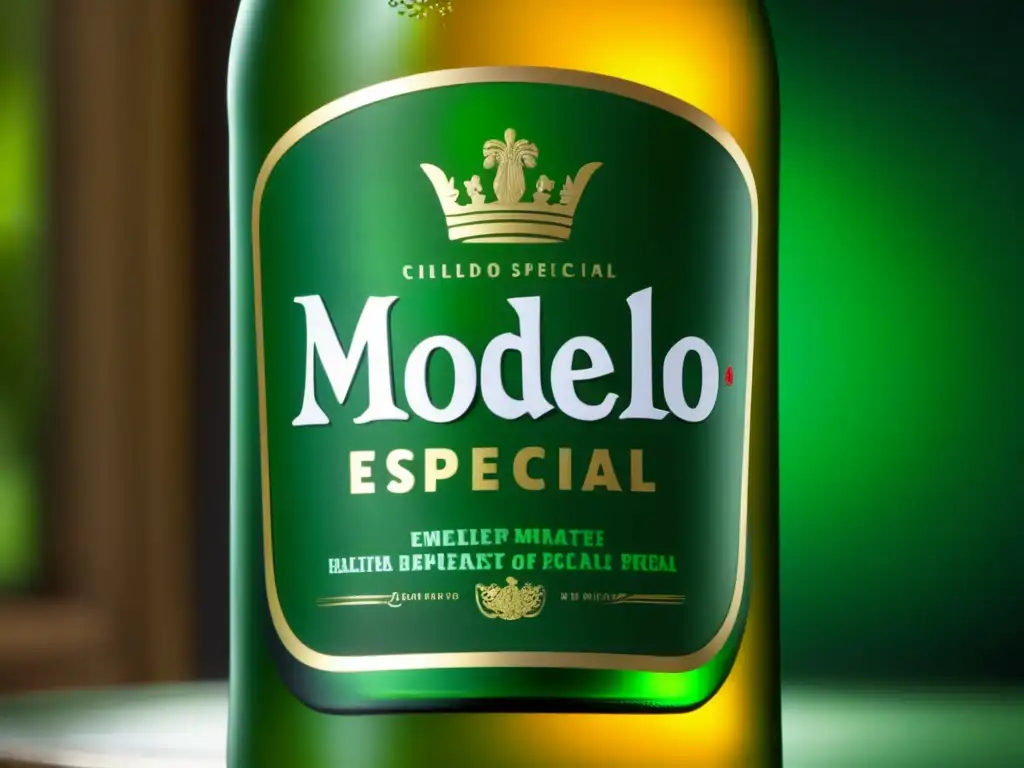 Cerveza Modelo Especial: botella helada con condensación y etiqueta elegante