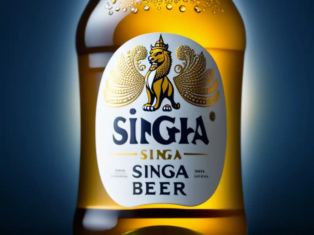 Botella de cerveza Singha fría con condensación y logo prominente