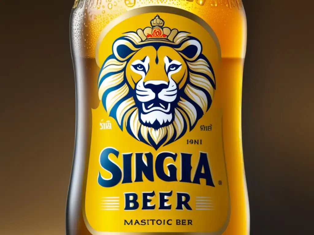 Botella de cerveza Singha, con condensación refrescante y logo distintivo del león dorado