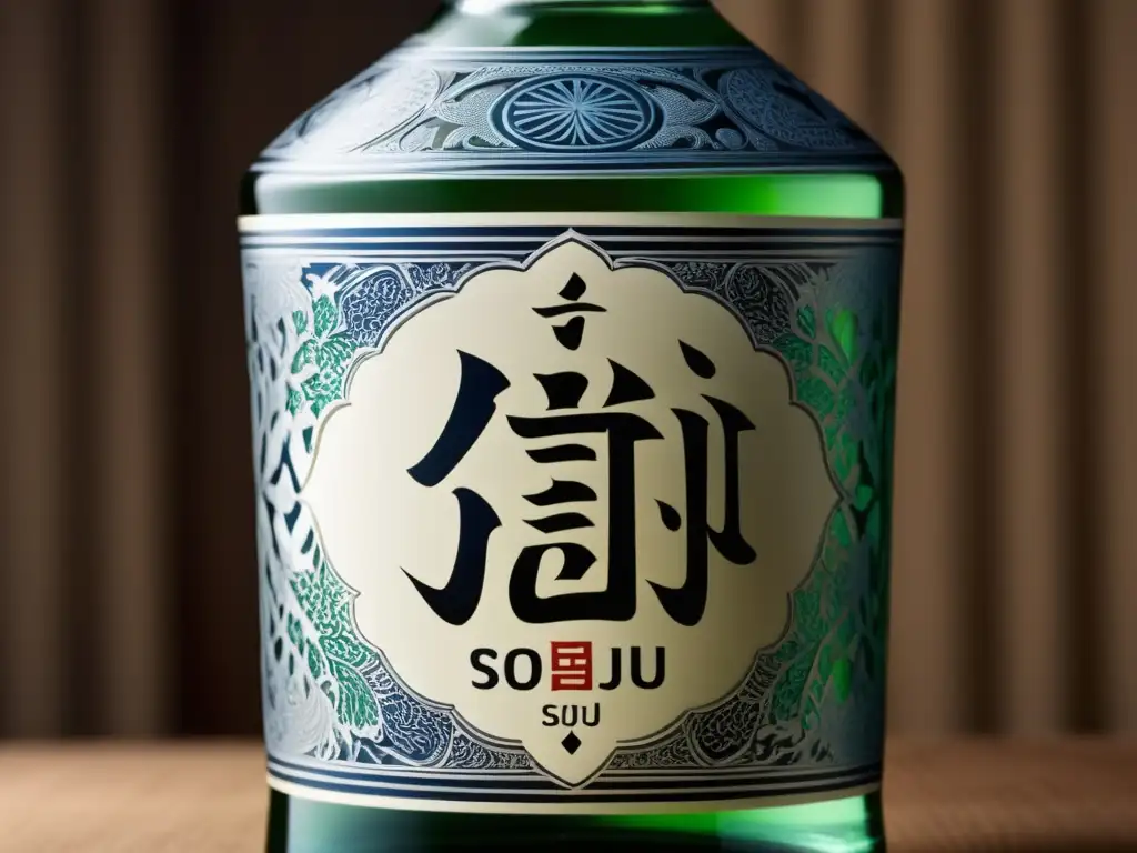 Botella de soju coreano tradicional, con adornos y diseños intrincados, transparente y elegante