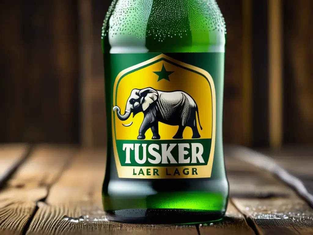 Botella de Tusker Lager con detalles y diseño meticuloso, resaltando el símbolo icónico del elefante en tonos dorados y verdes