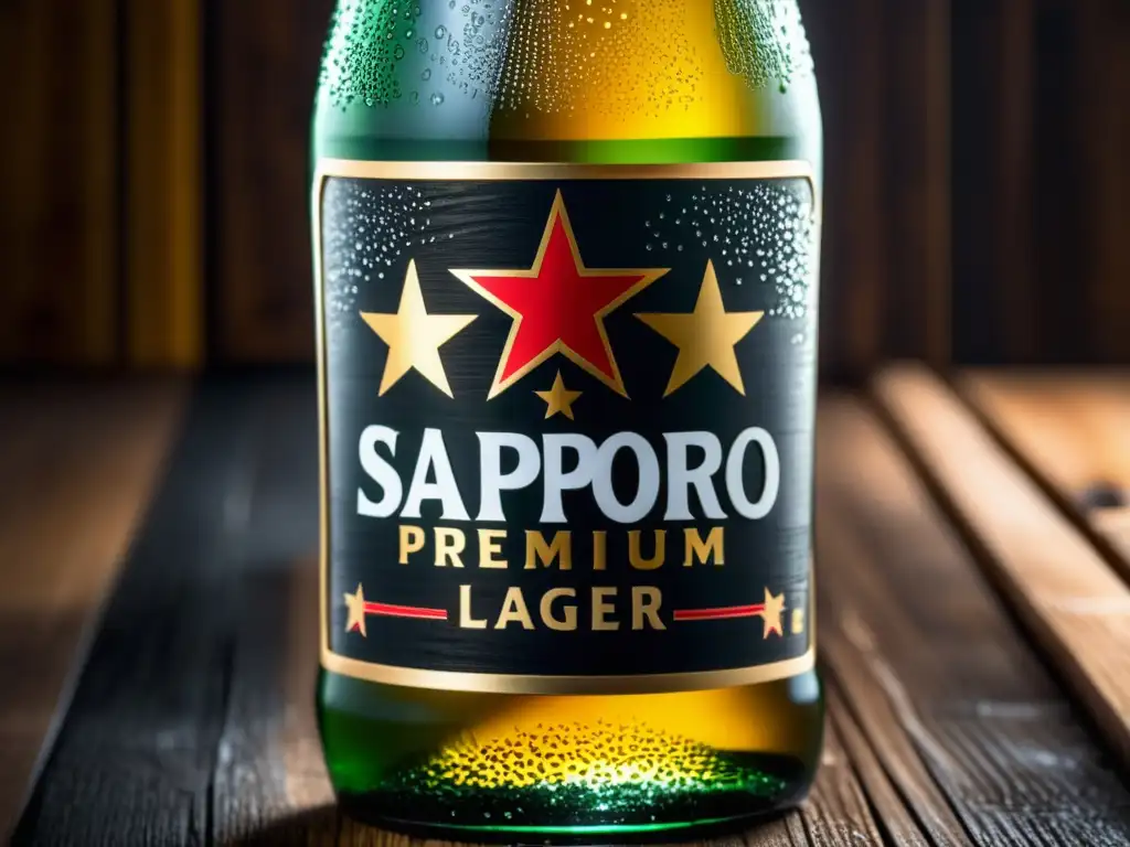 Botella helada de Sapporo Premium Lager sobre mesa de madera rústica