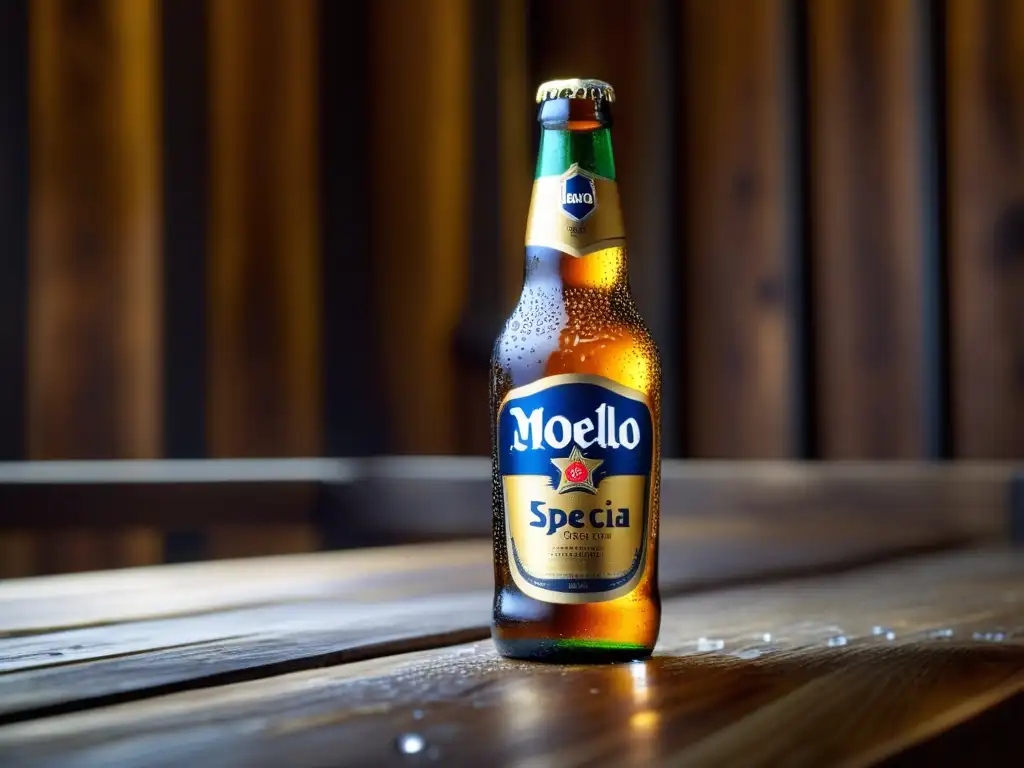 Botella de cerveza Modelo Especial en mesa de madera