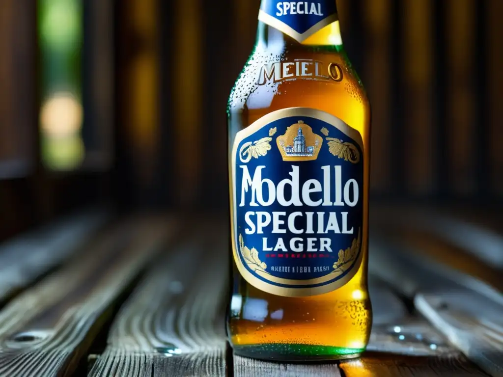 Botella de Modelo Especial, cerveza mexicana, con gotas de agua, en una mesa de madera rústica